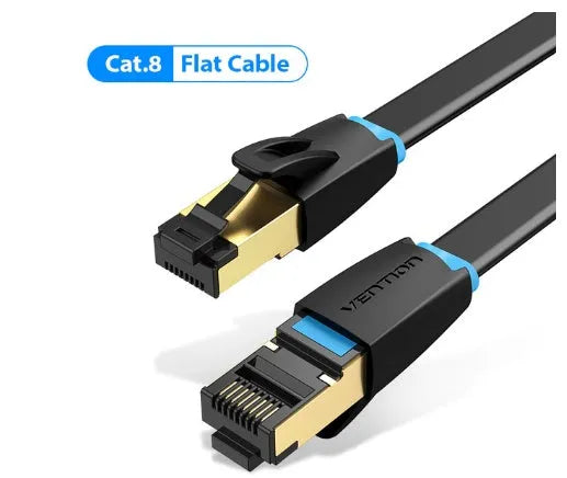 CAT8 flat and round Ethernet network cables with RJ45 connectors in various lengths from 0.5 to 10 metres.