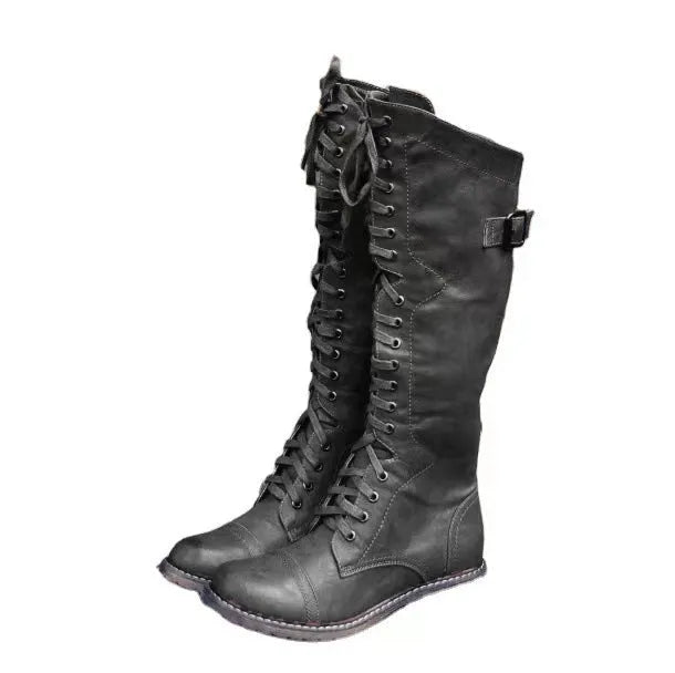 Casual solid-colour high leg boots with a chunky low heel and round toe in wine red