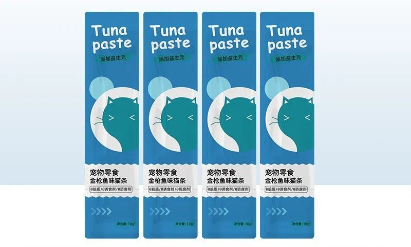 Pack of ten cat strip snacks for kittens in childhood stage with four flavour options