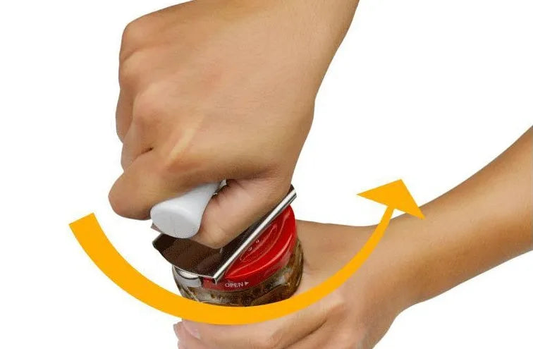 White stainless steel manual adjustable bottle opener with gear design on a table