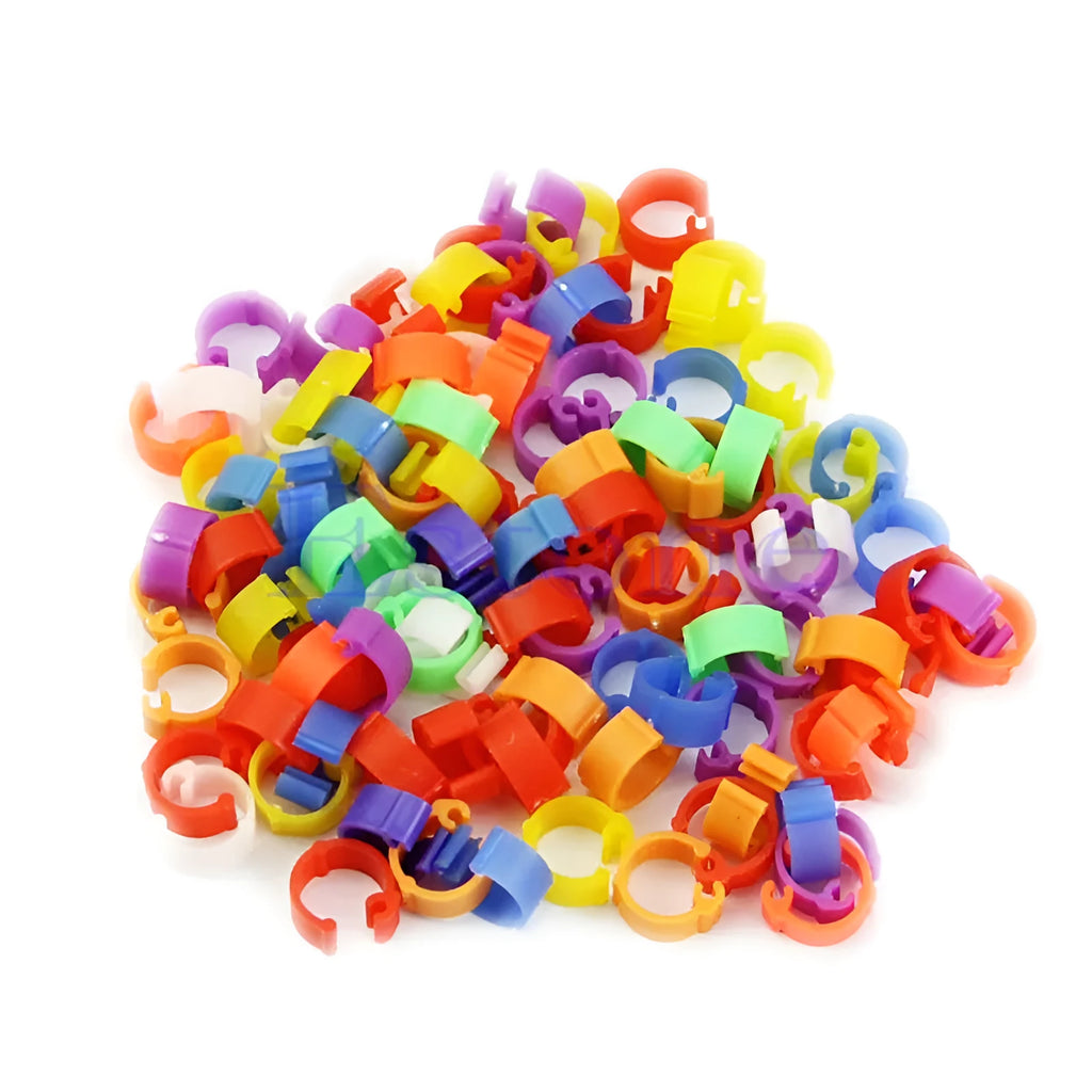 Chicken foot ring 100 PCS pack in six colours showing rings of 1.6mm, 2.0mm, and 2.5mm diameter