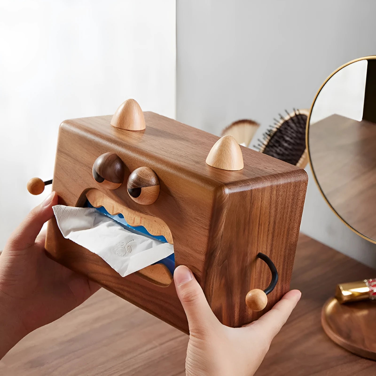 Little Monster cartoon wooden tissue box in walnut beech finish, dimensions 190x104x125mm.