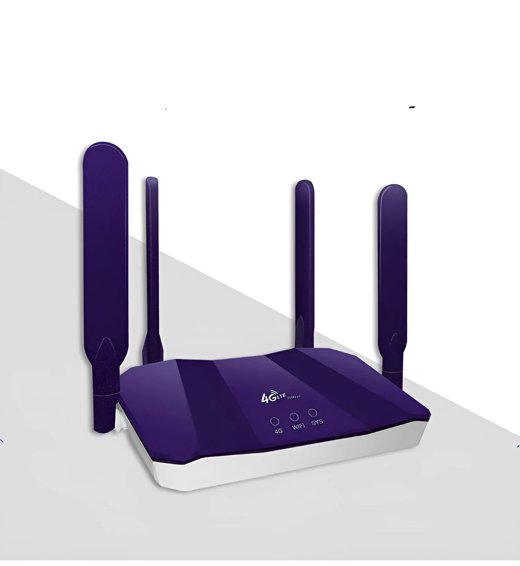 Blue 4G dual mode router with four antennas, compact rectangular design