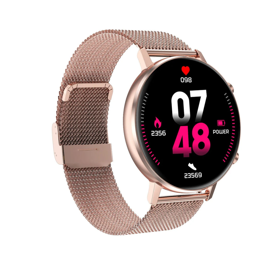 DT96 smart bracelet with colour screen and silver steel strap on a wrist
