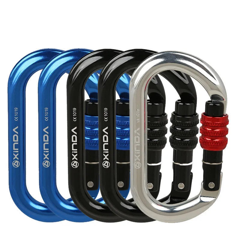 O-shaped thread lock climbing carabiner in 7075 aircraft grade aluminium with anodised red finish, 25KN breaking strength