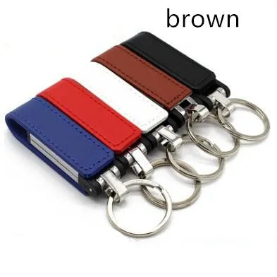 Leather USB flash drive with keychain loop in brown, USB 2.0 portable storage