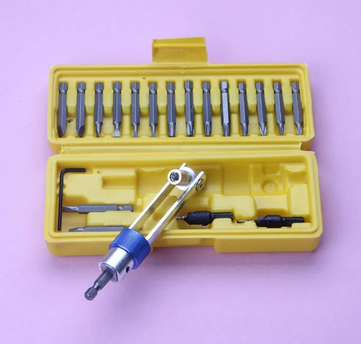Half Time Drill driver attachment with swivel head and set of Phillips, flathead and countersink bits