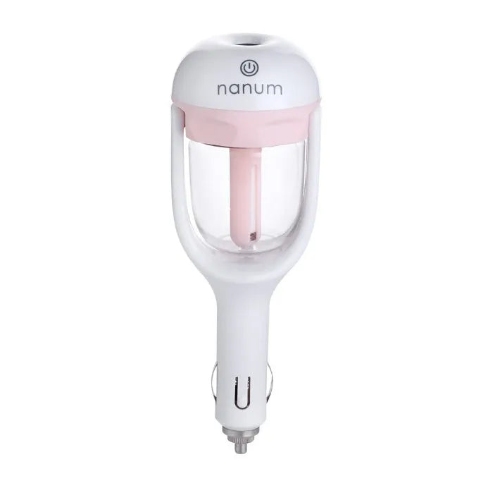 Portable car humidifier with rotating nozzle in blue, green, pink, or purple colours