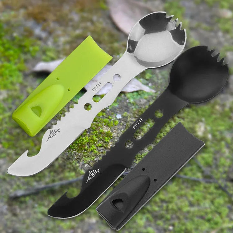 3Cr13 stainless steel outdoor spoon fork knife set with whistle 15.7cm camping tool black colour