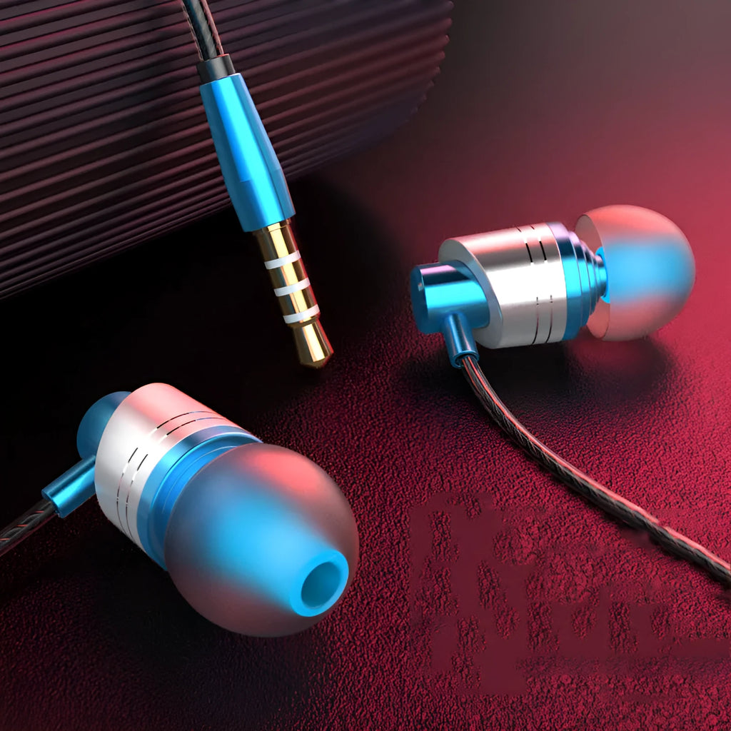 Black wired in-ear earphones with 3.5mm jack, built-in microphone, and silicone tips on a white background.