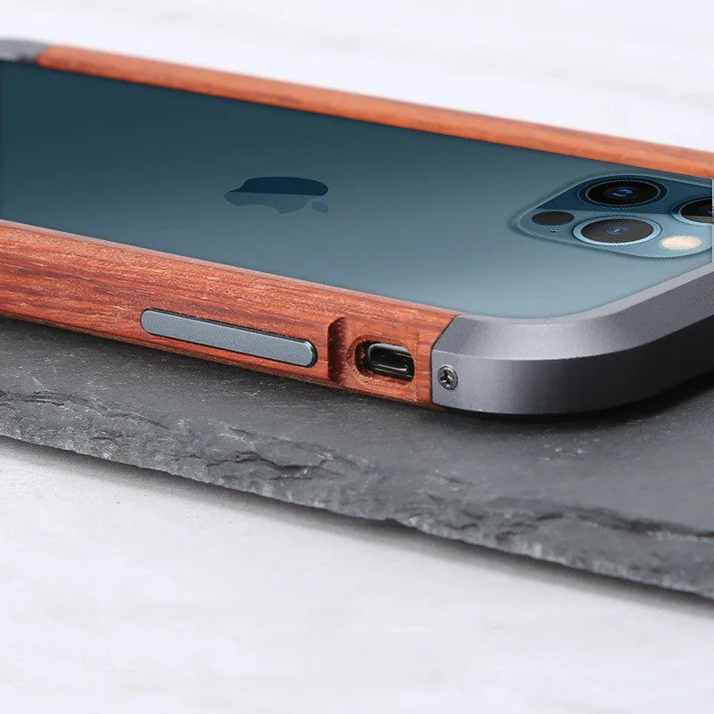Brown wooden case frame for iPhone with metal border, natural wood finish