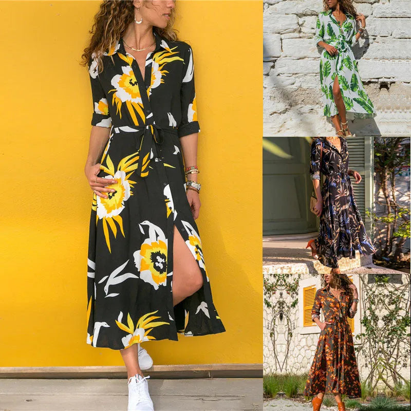 Women's vintage-style chiffon A-line dress with V-neck, high waist, and printed pattern.