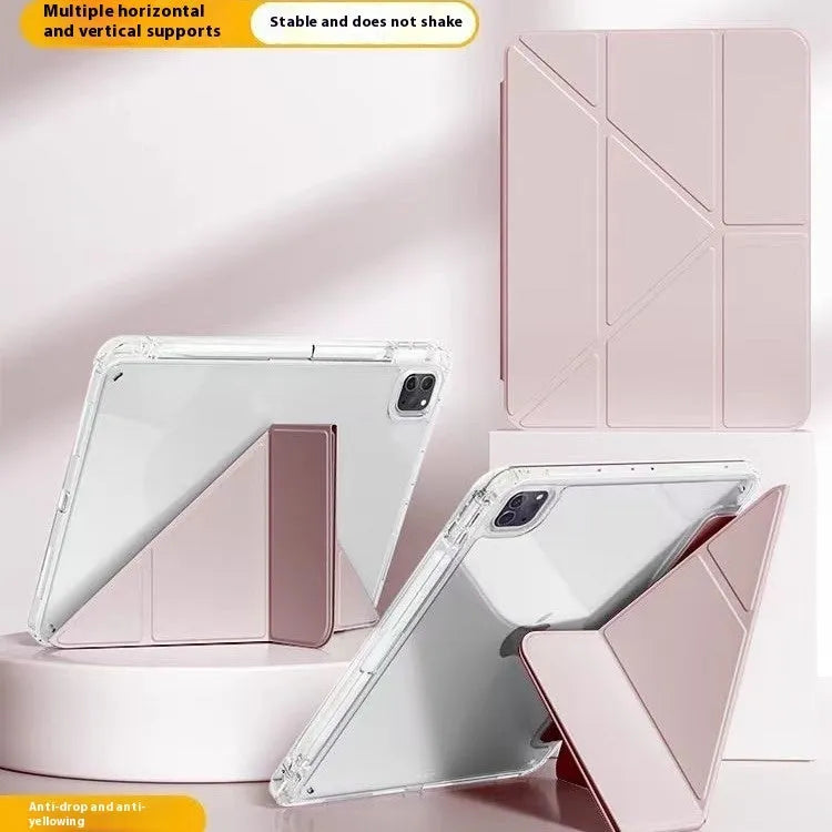 Transparent acrylic iPad case with a folding magnetic stand, shown in multiple colour options.