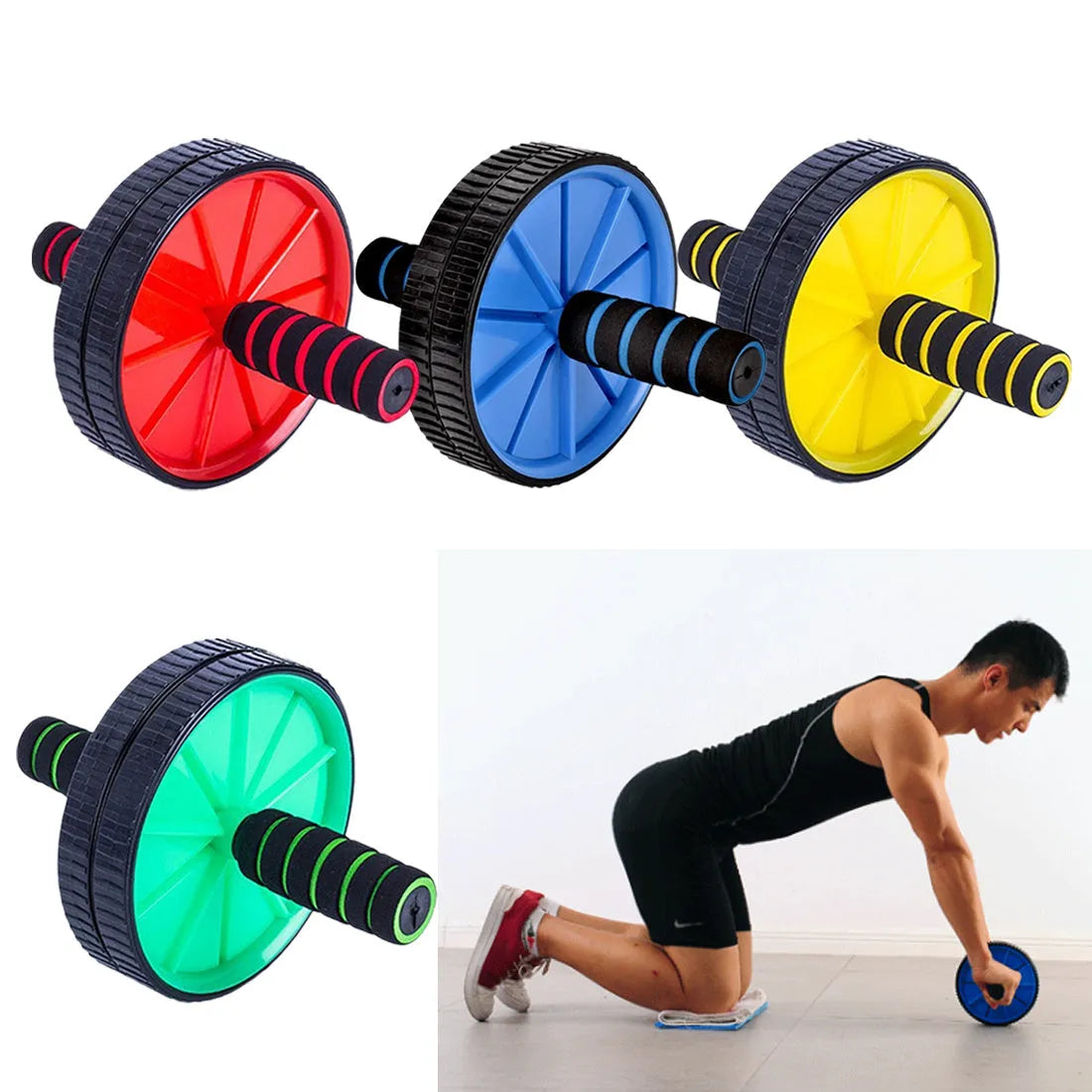 Double wheel abdominal exercise wheel in engineering plastic, 18x24x80cm, available in blue, green, red, and yellow