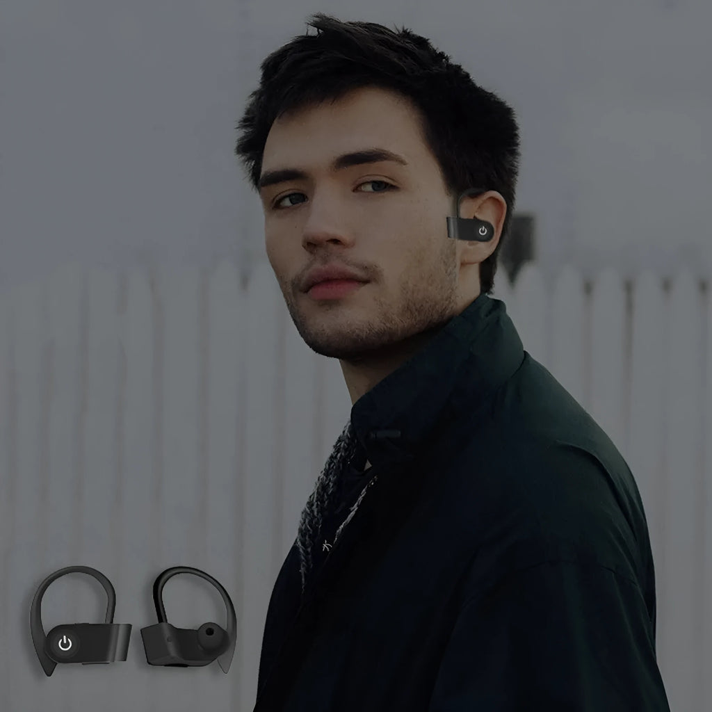 Black wireless Bluetooth headphones with V5.0 technology and ergonomic in-ear design