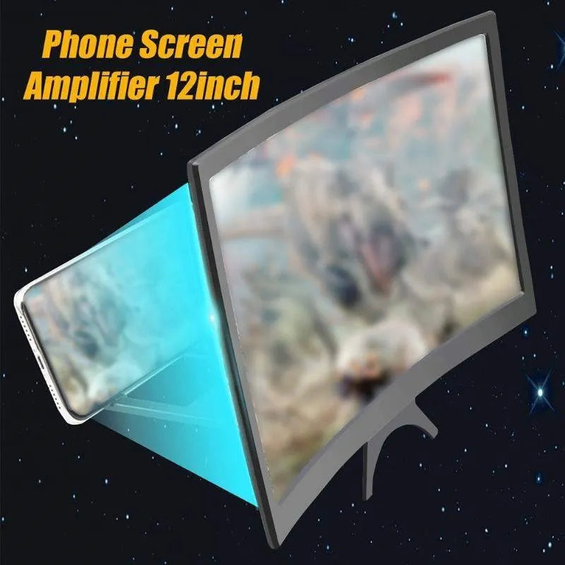 12 inch mobile screen magnifier with curved arc frame holding a phone in anti-slip slot on a desk