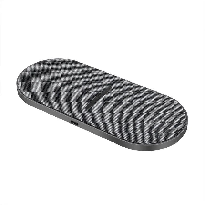 Black 2 in 1 wireless charger with dual 10W quick charge pads and indicator light