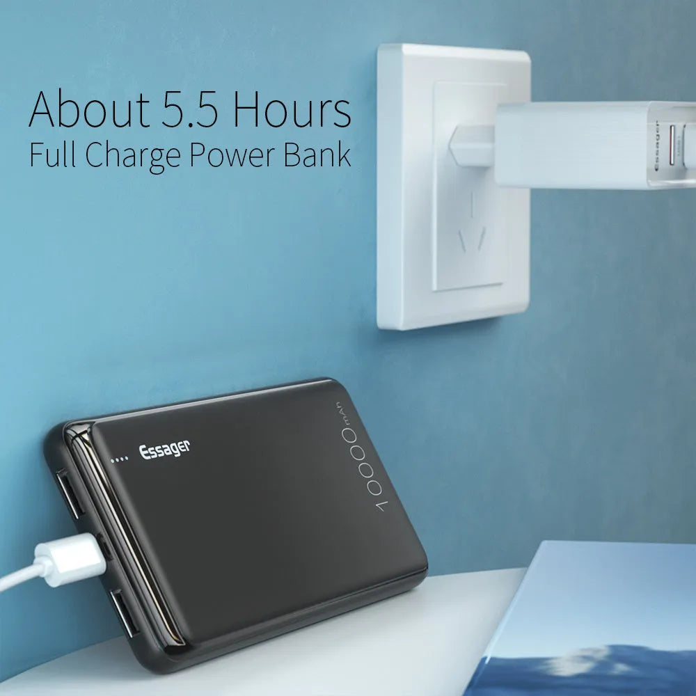 Essager Small Jane black and white 10000mAh portable power bank showing dual USB ports and LED indicator lights