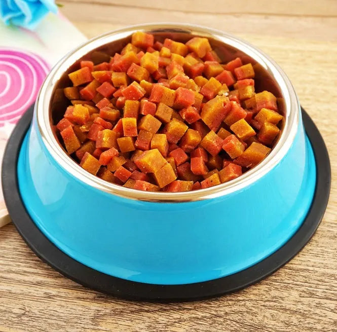 Dual-part stainless steel and melamine pet bowl with non-slip silicone base in assorted colours