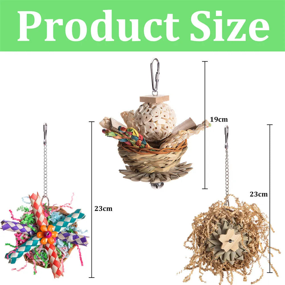 Parrot gnawing toy shown in three different size sets for bird beak conditioning