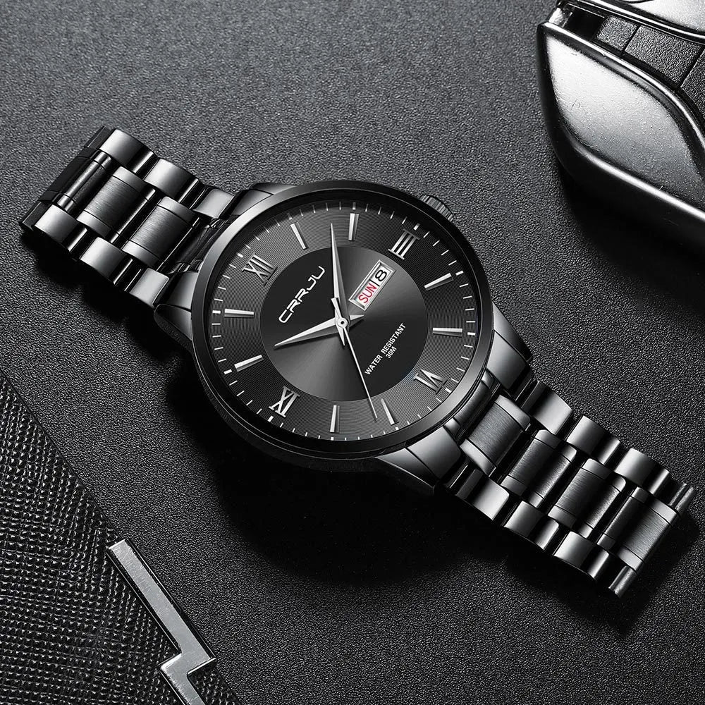 Men's quartz watch with alloy case, plexiglass mirror, and black dial with silver hands on a matching strap.