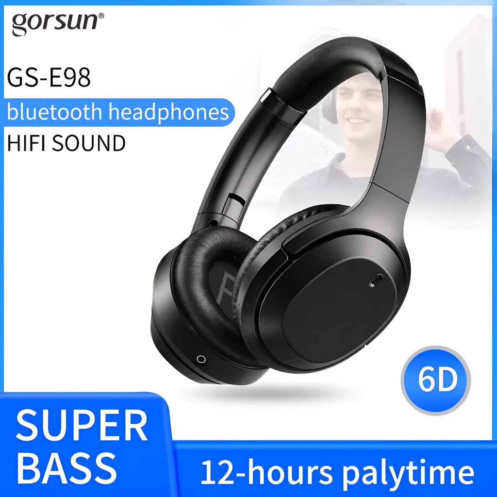 Black Gorsun E98 over-ear wireless Bluetooth headphones with padded headband and ear cups.
