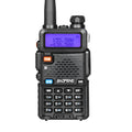 Black professional walkie talkie with antenna, showing compact dimensions and channel display.