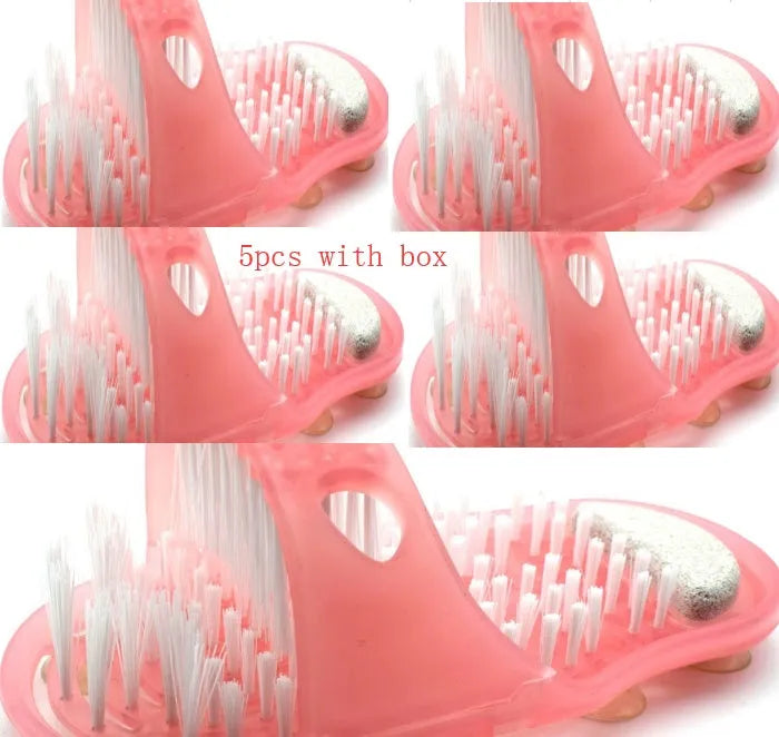Blue shower feet slipper with suction cups and built-in pumice stone on a wet shower floor