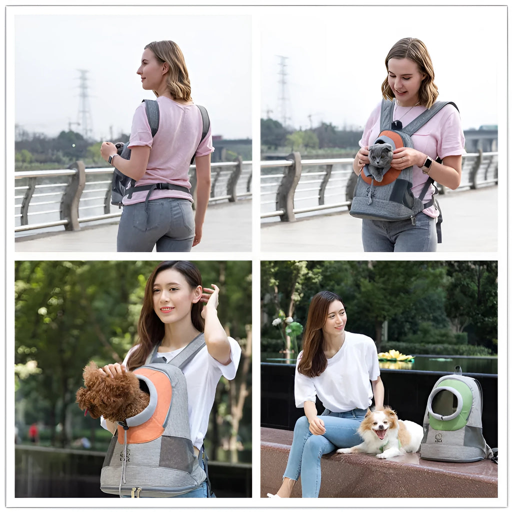 Blue M code dog cat carrier backpack with breathable mesh, open top, and side zips on polyester fabric