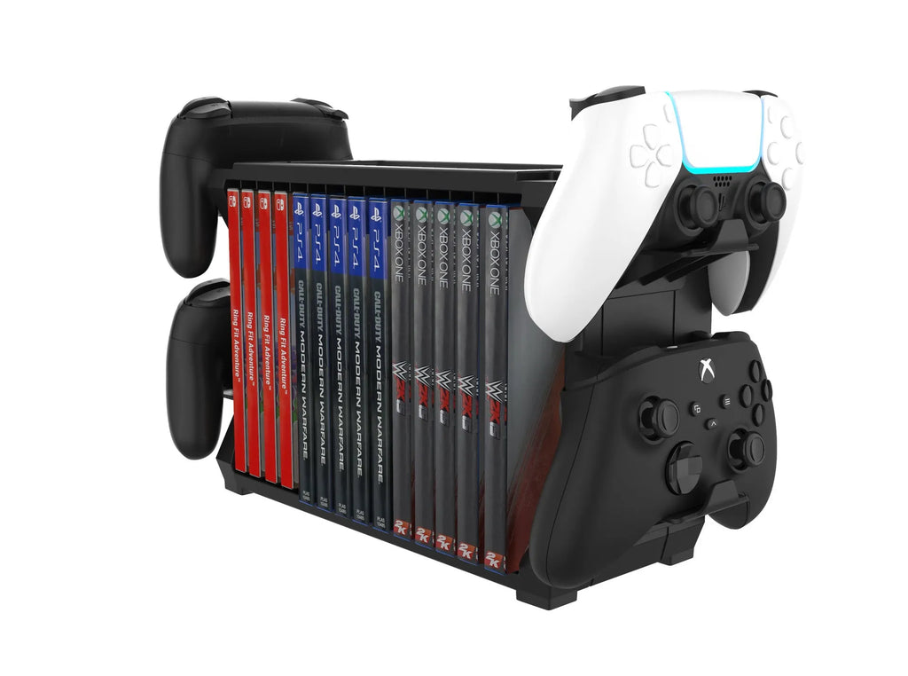 Black PS5 disc holder and controller stand showing game cartridge slots and spaces for four controllers