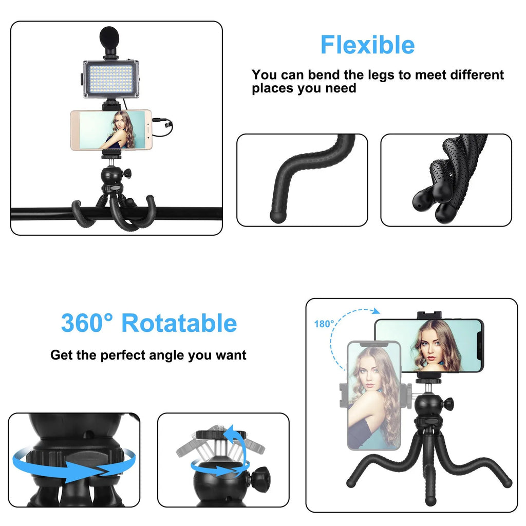 Black octopus tripod with flexible legs and fill light microphone for Apple iPhone live broadcasting