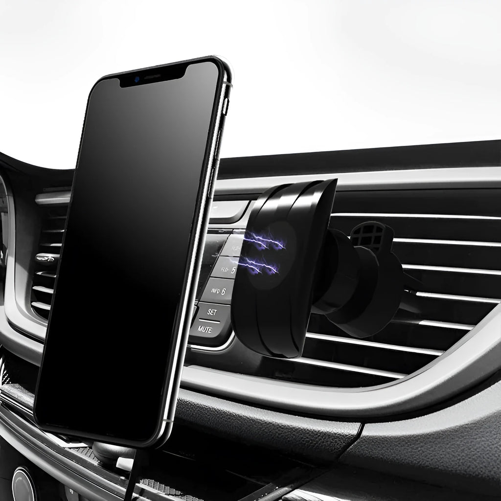 Black car phone holder attached to vehicle air vent with phone securely mounted