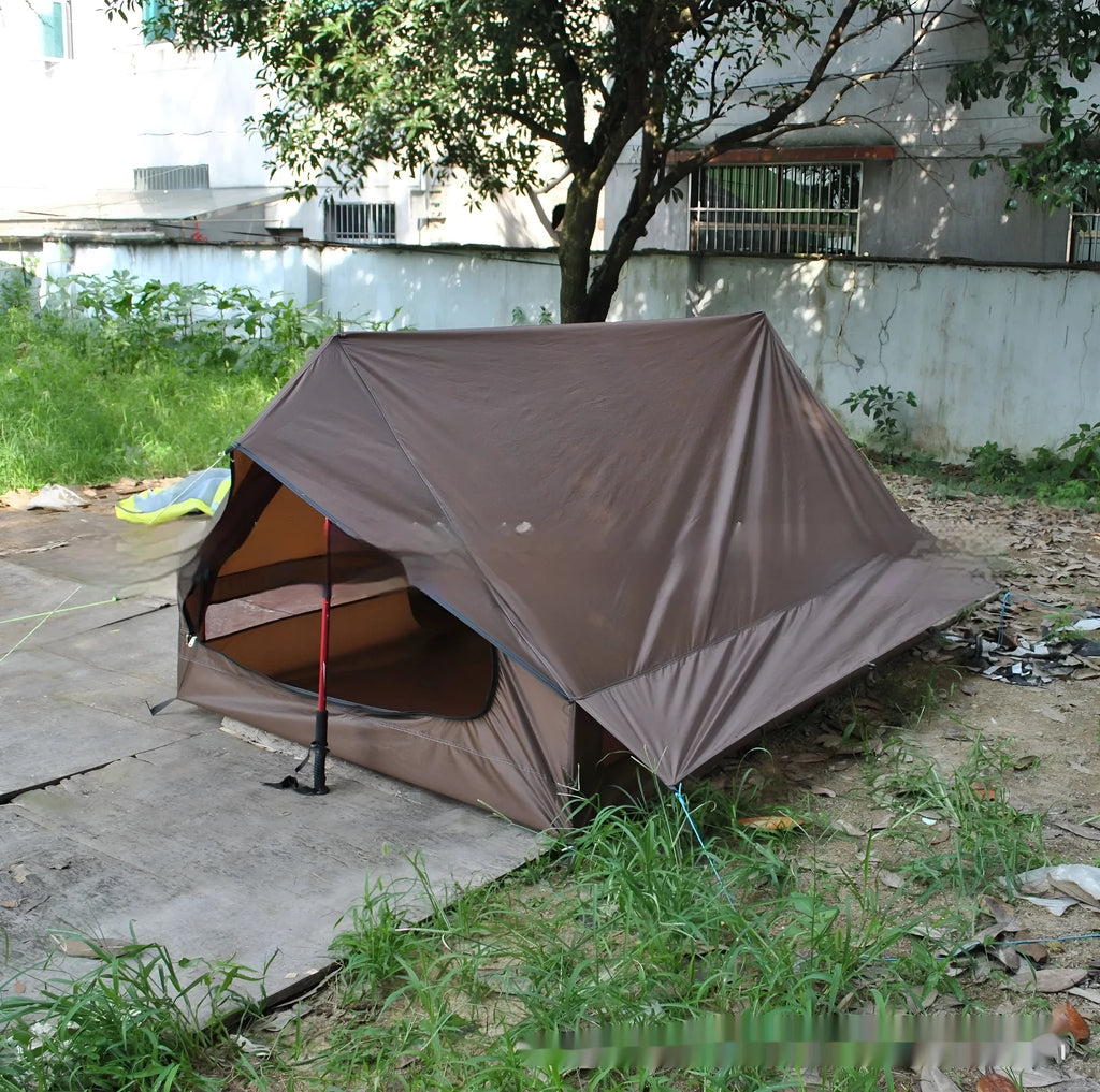 Brown or white A-line hiking tent pitched with hiking poles showing 210x150x110cm dimensions