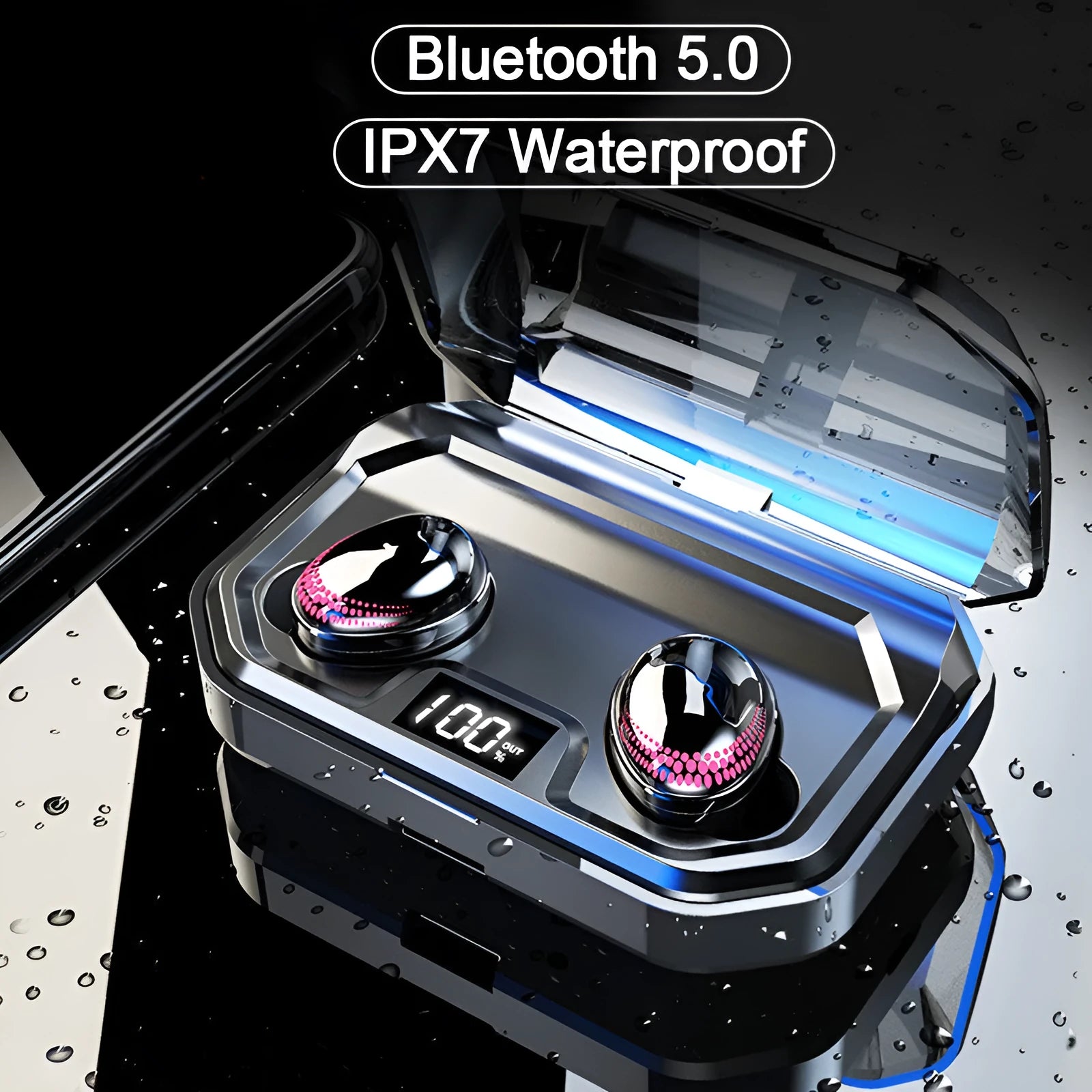 Black X10 Bluetooth wireless headset and its matching charging case on a solid background.