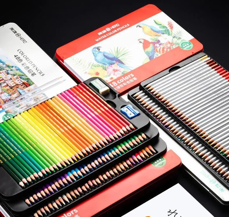 Water-soluble and oil-based colour pencil drawing set in tin box with 36 colours