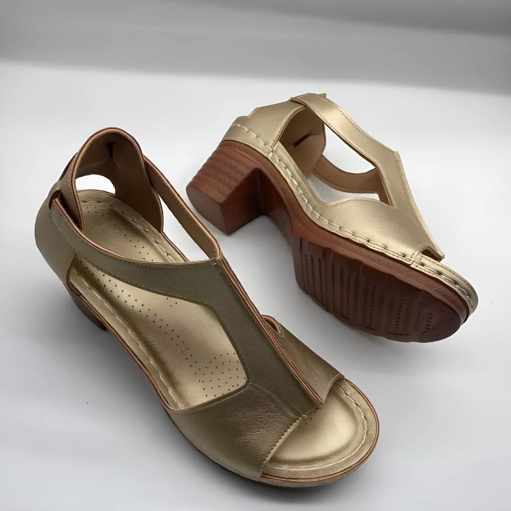 Women's plus size peep toe wedge sandals in gold with Roman style and buckle fastening