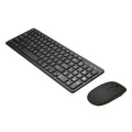 Black wireless keyboard and mouse set with USB receiver on a desk