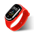 Smart bracelet earphone combo device with silicone wristband in blue, black, or red colours showing 1-inch screen