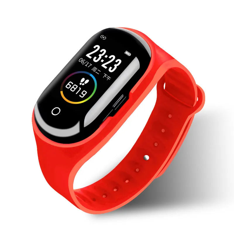 Smart bracelet earphone combo device with silicone wristband in blue, black, or red colours showing 1-inch screen