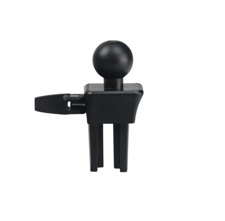 Black universal car mobile phone holder mounted on air conditioning outlet with smartphone secured