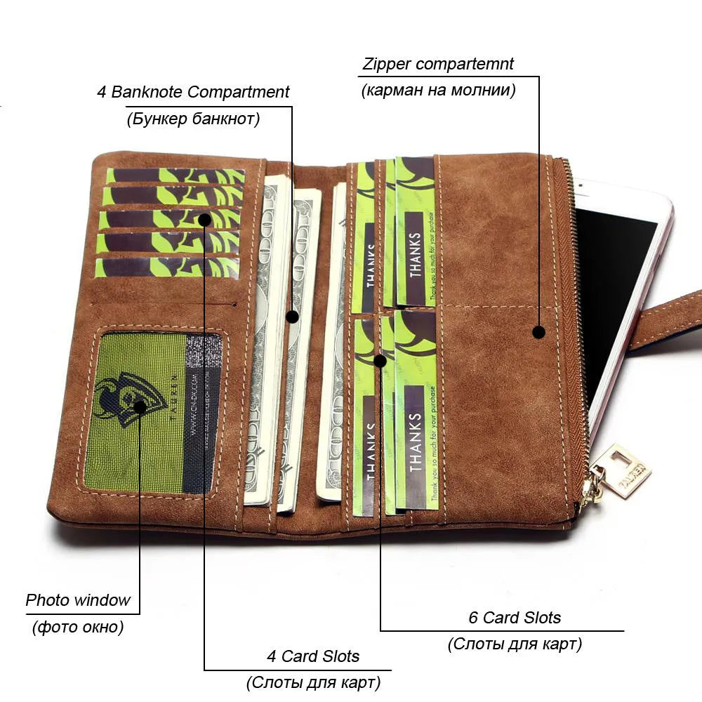 Korean retro style long wallet in soft PU leather with decorative lock and zip closure