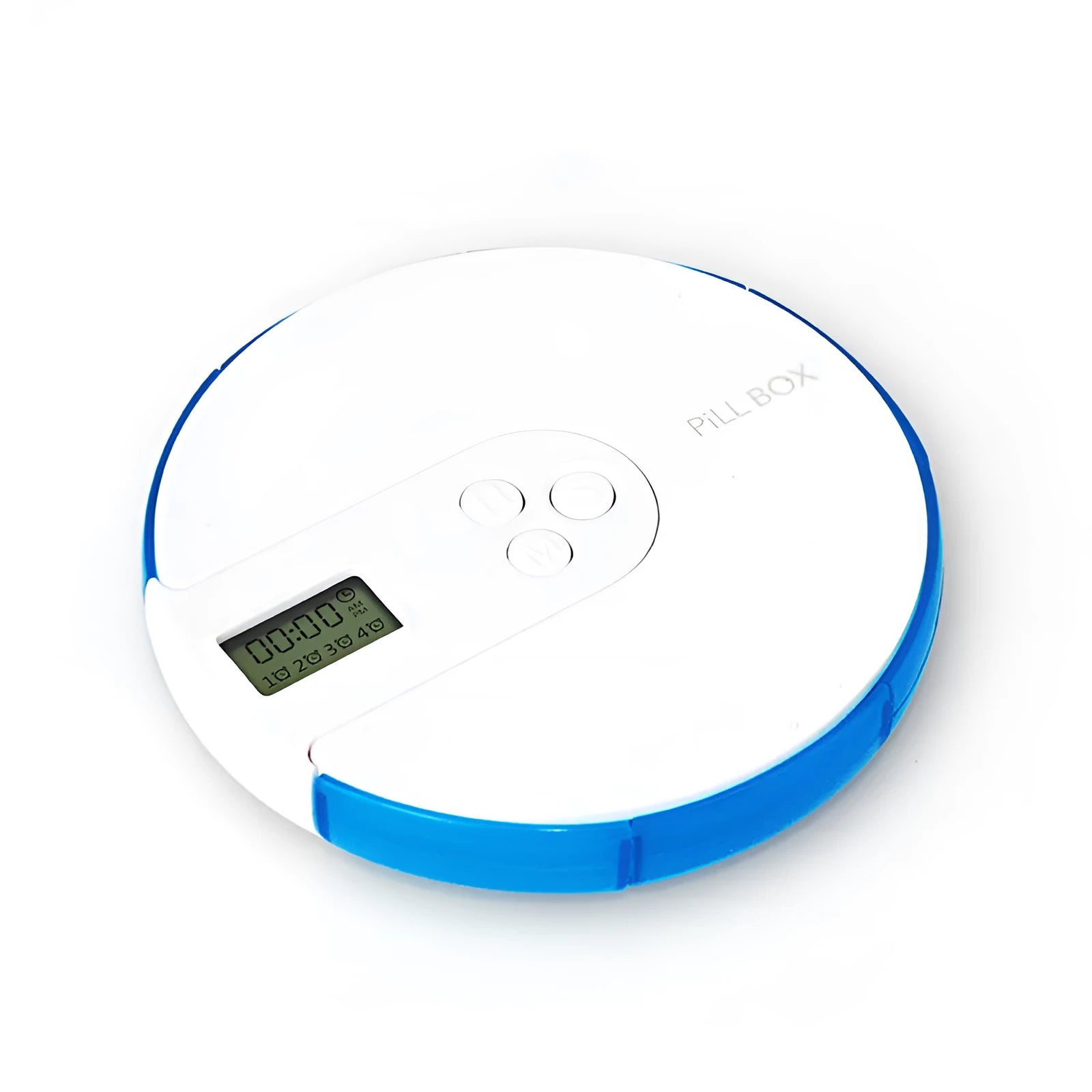 Blue 7-compartment alarm clock pill dispenser showing digital display and separate pill slots.