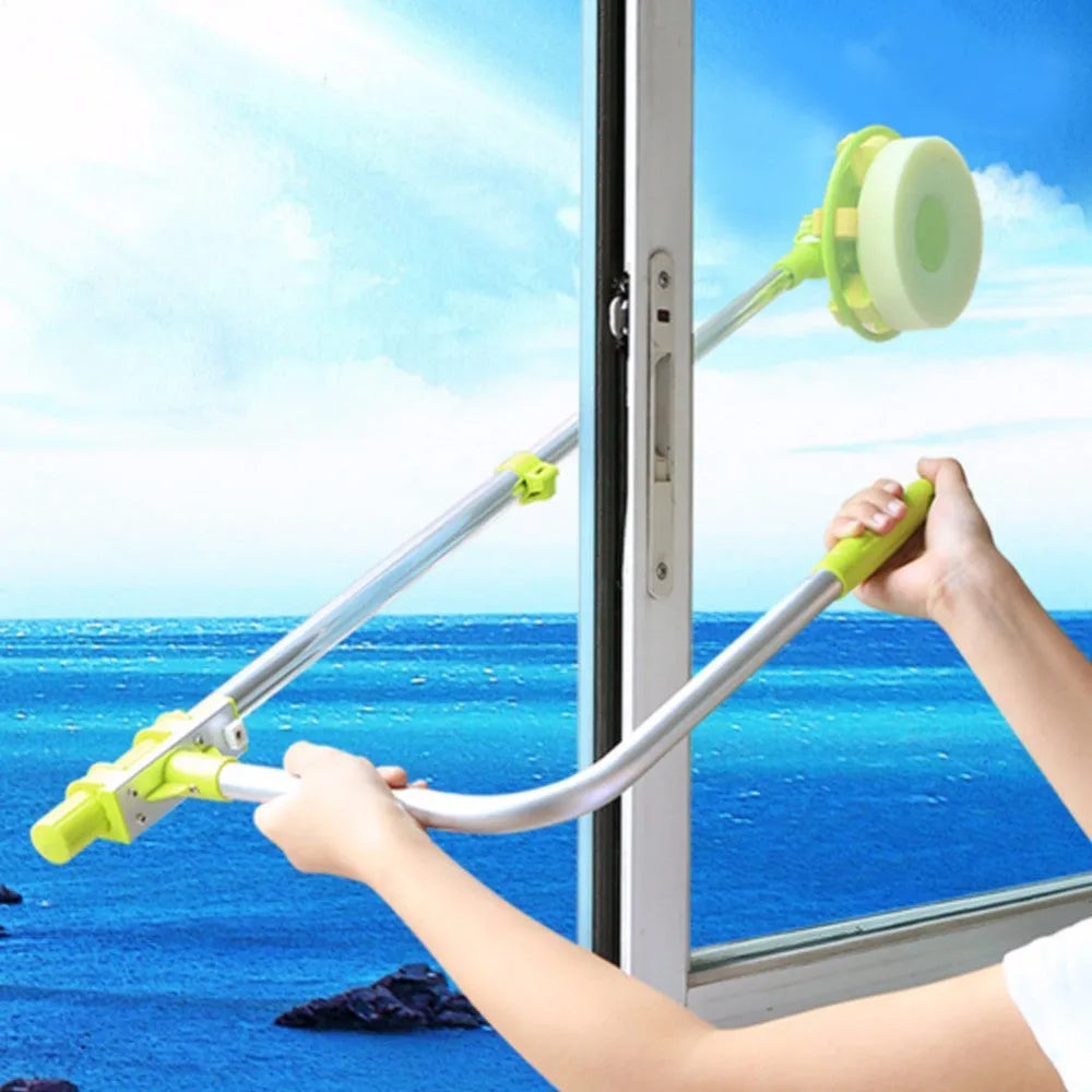 Green glass wiper with telescopic aluminium rod and squeegee tool for window cleaning