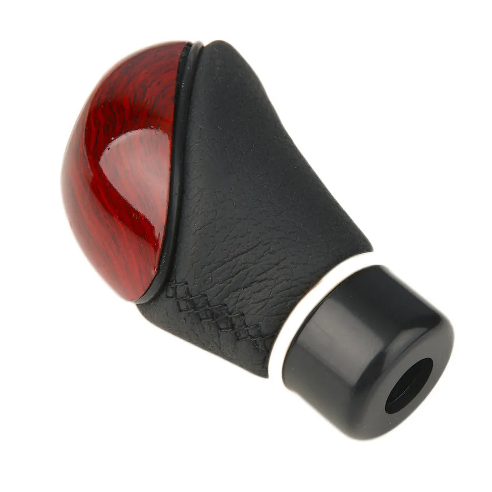 PU leather manual gearshift cover in black with imitation mahogany detailing on a round gearstick