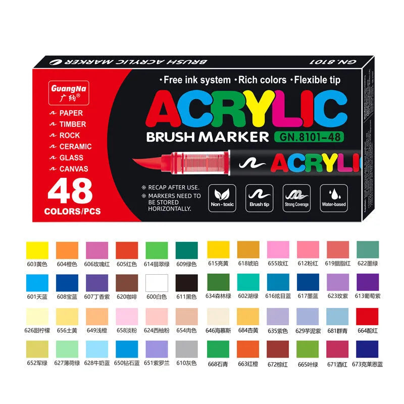 Set of straight liquid acrylic paint marker pens with soft brush tips in multiple colours