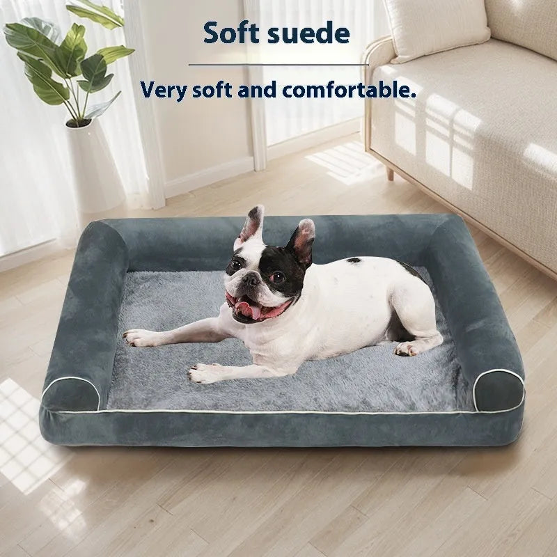 Square blue cloth dog bed with sponge filling, shown in a home setting.