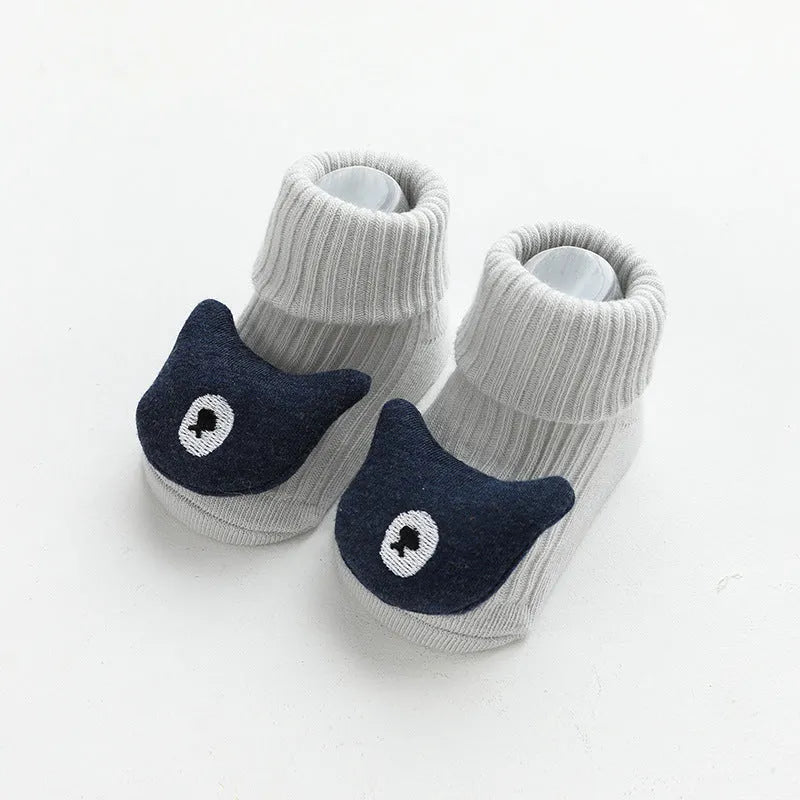 Baby non-slip socks with glue print sole in blue white bear colour, loose fit combed cotton middle tube