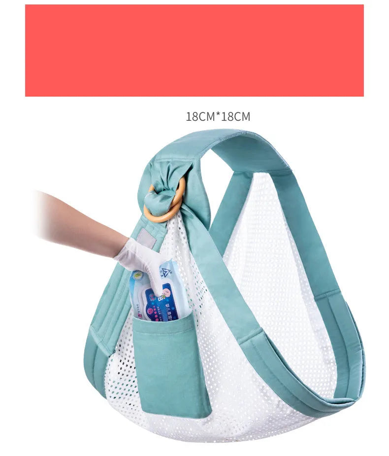 Baby wrap carrier sling in blue-green cotton mesh fabric, adjustable for newborn to 36 months, 50kg capacity
