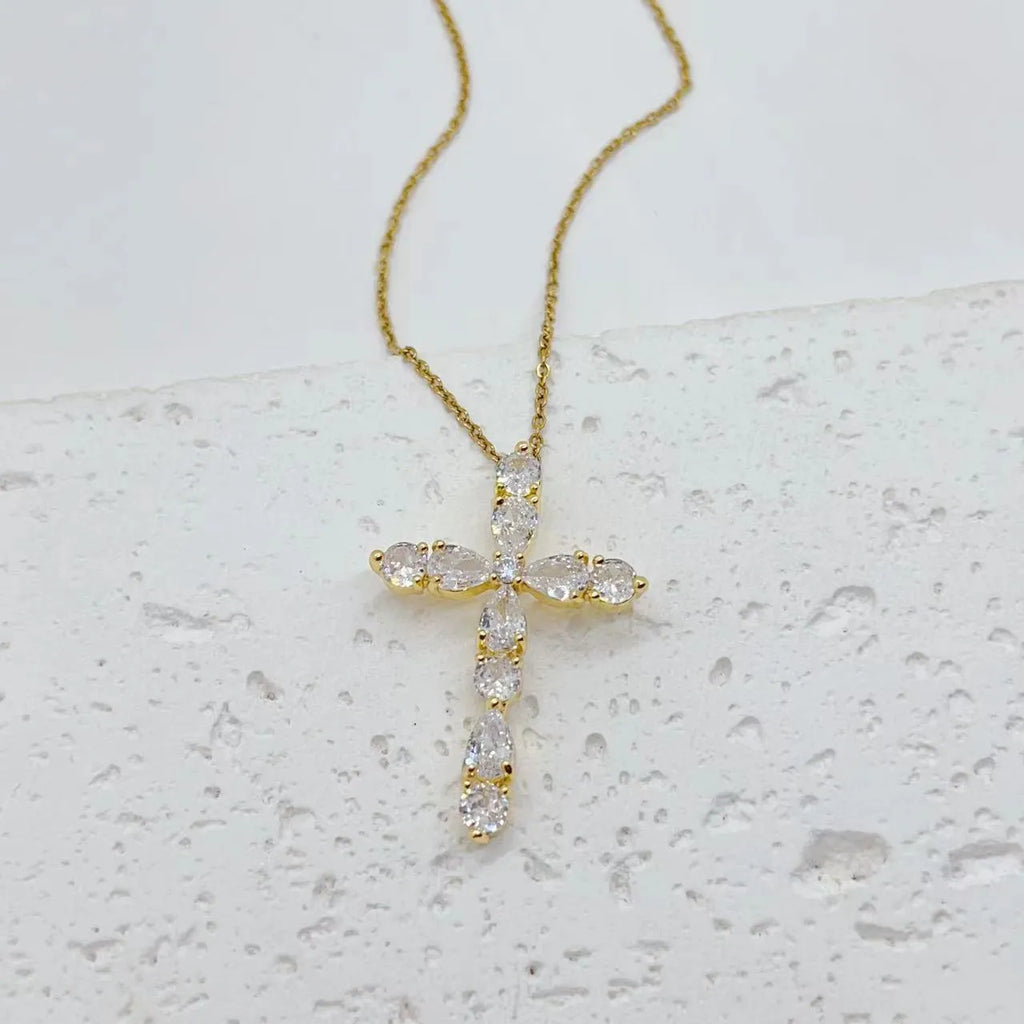 Colourful zircon micro inlay water drop cross necklace on O-ring chain, copper electroplated, 18K finish, unisex design