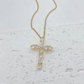 Colourful zircon micro inlay water drop cross necklace on O-ring chain, copper electroplated, 18K finish, unisex design